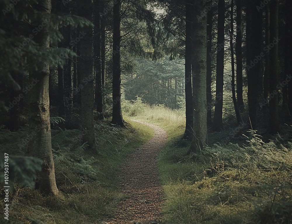 Fototapeta premium a forest path leading through an ancient woodland, with tall trees and green grasses