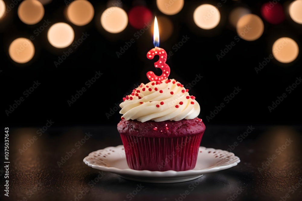 3rd birthday cupcake with whipped cream and number 3 candle, isolated on dark background with bokeh lights 3rd birthday cupcake with whipped cream and number 3 candle, isolated on dark background with bokeh lights