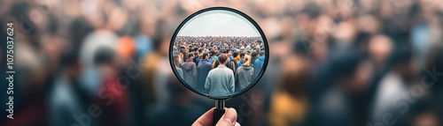 A magnifying glass highlighting an individual in a crowd.