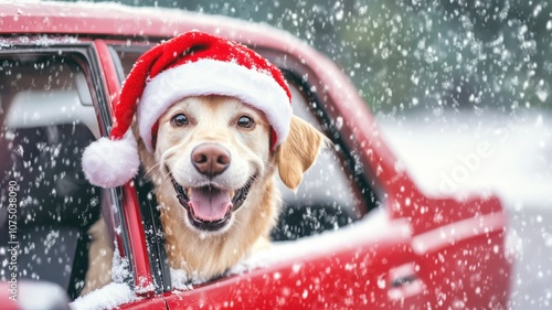 A joyful dog wearing a Santa hat in a snowy car setting.