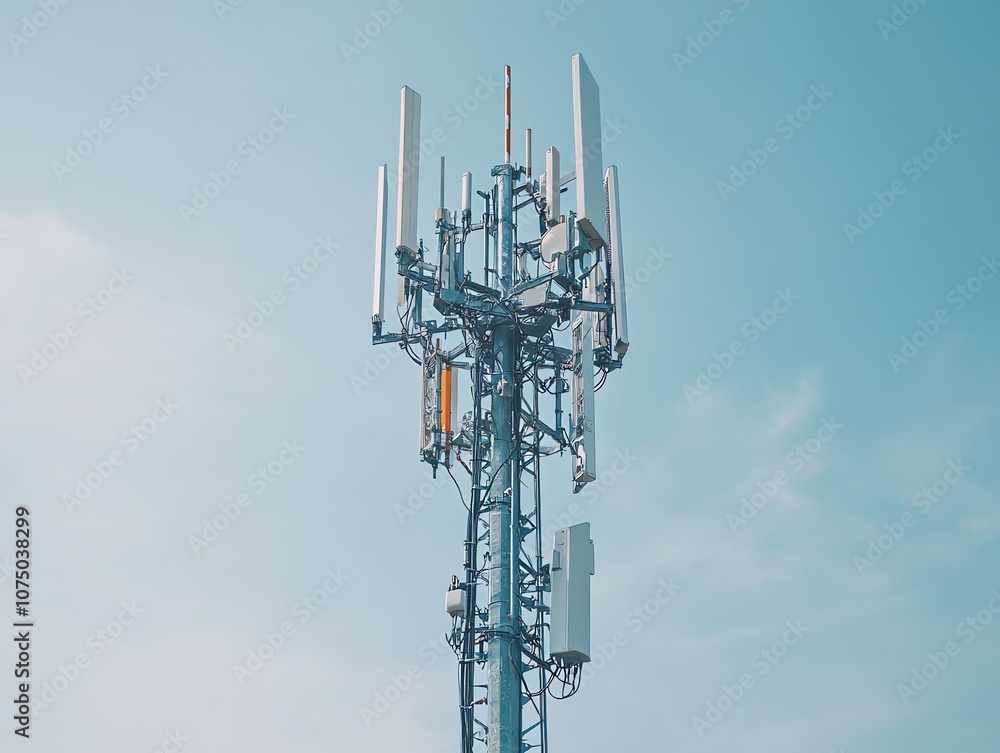 A close-up view of a cell tower against a blue sky. A close-up view of a cell tower against a blue sky.