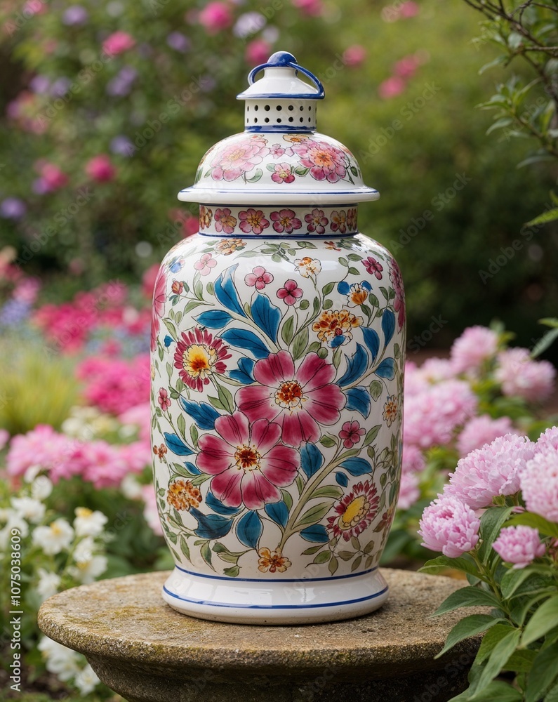 Ceramic lantern with floral patterns placed in a blooming garden Ceramic lantern with floral patterns placed in a blooming garden