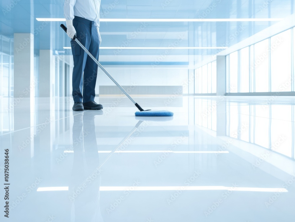 Fototapeta premium A janitor cleaning a shiny floor in a modern office space.