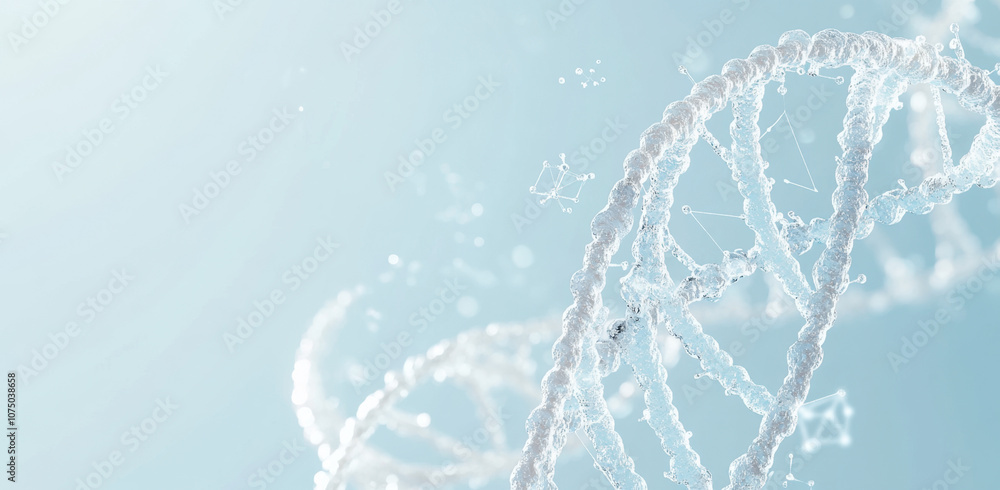 A digital illustration of an abstract DNA structure with scientific symbols and chemical formulas on a light blue background, with space for text or design elements.