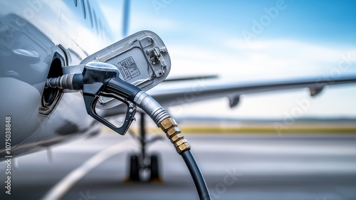 A close-up of a fuel pump nozzle filling an aircraft with fuel.