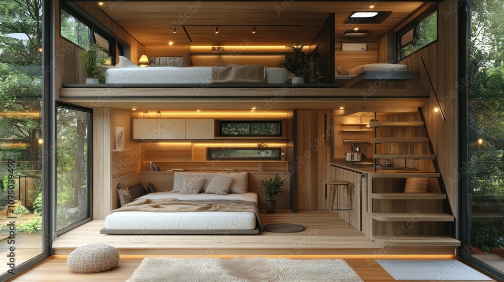 Modern wooden interior of a cozy, two-level living space. Modern wooden interior of a cozy, two-level living space.