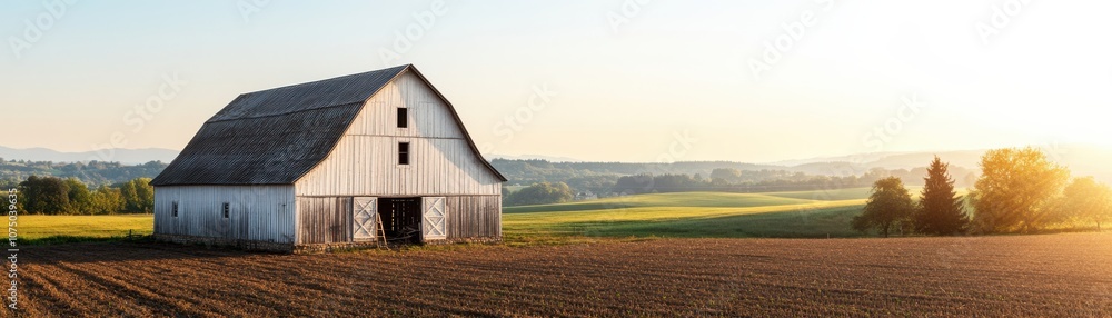 A rustic barn stands in a serene countryside landscape at sunset. A rustic barn stands in a serene countryside landscape at sunset.
