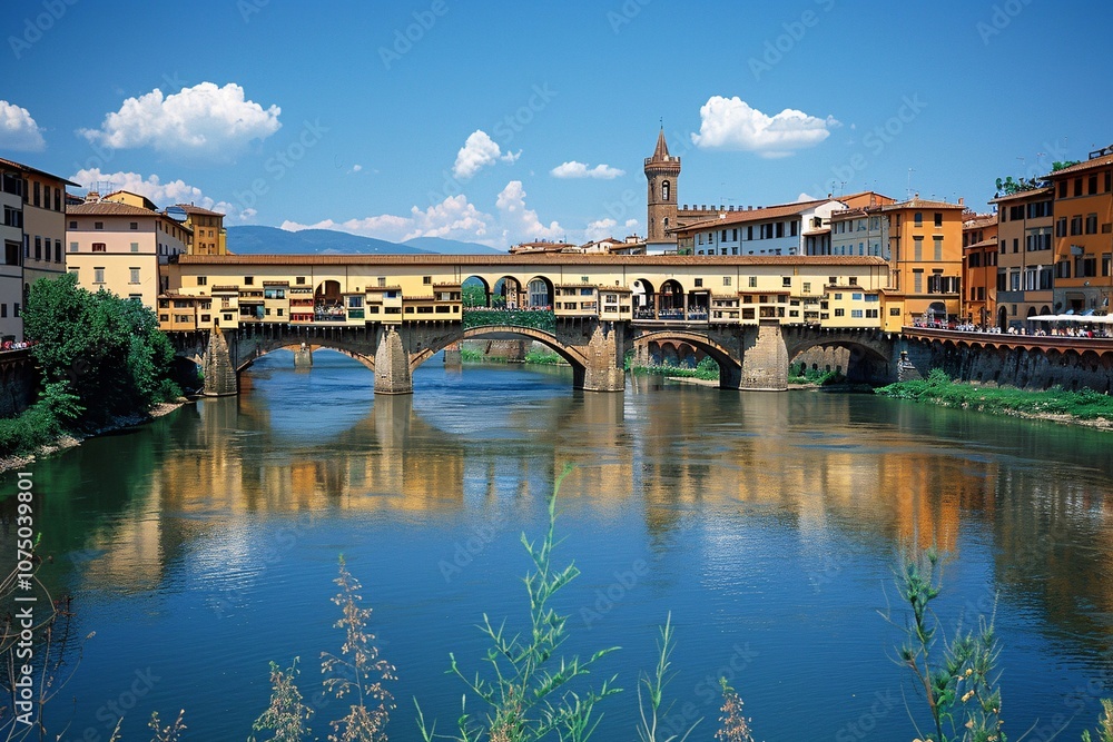 Fototapeta premium Visitors admire the iconic Ponte Vecchio as it spans the Arno River. The vibrant colors of the buildings and clear blue sky enhance the stunning view on a sunny day