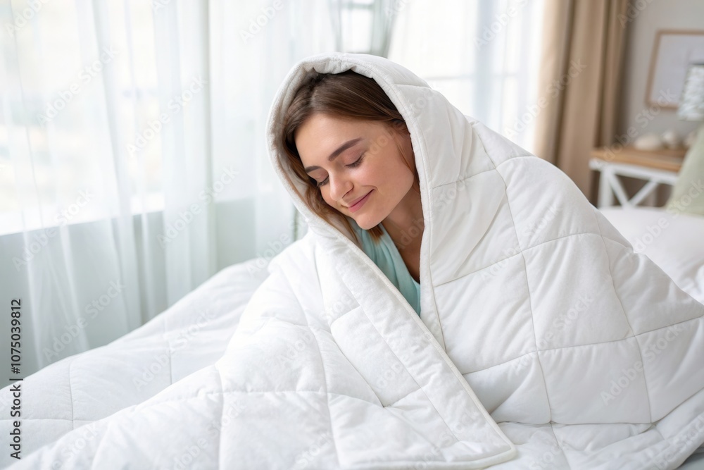 A young woman enjoys a peaceful morning resting in her bright bedroom, wrapped in a warm white blanket. Sunlight filters through sheer curtains, creating a comforting and serene atmosphere. A young woman enjoys a peaceful morning resting in her bright bedroom, wrapped in a warm white blanket. Sunlight filters through sheer curtains, creating a comforting and serene atmosphere.