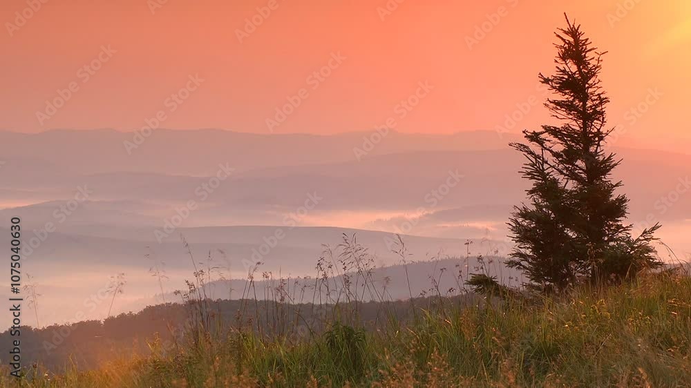 A breathtaking sunset over rolling mountains, with soft orange hues filling the sky and mist gently lying in the valleys. A lone tree stands on a grassy hill, creating a tranquil and serene atmosphere A breathtaking sunset over rolling mountains, with soft orange hues filling the sky and mist gently lying in the valleys. A lone tree stands on a grassy hill, creating a tranquil and serene atmosphere