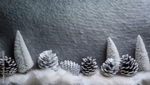 羊毛フェルトのグレーの背景に、雪のように白くなった松ぼっくりが置かれた、冬の静かな美しさを表現したデザイン。
