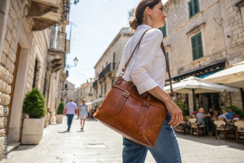 A young woman strolls through a bustling street, carrying a stylish brown bag. The vibrant atmosphere features outdoor dining and historic buildings under a clear sky, capturing the essence of a livel photo