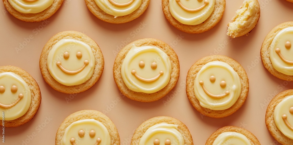 Smiley Face Cookies with Yellow Cream Cheese Filling, Minimalist Pattern. AI generated illustration Smiley Face Cookies with Yellow Cream Cheese Filling, Minimalist Pattern. AI generated illustration
