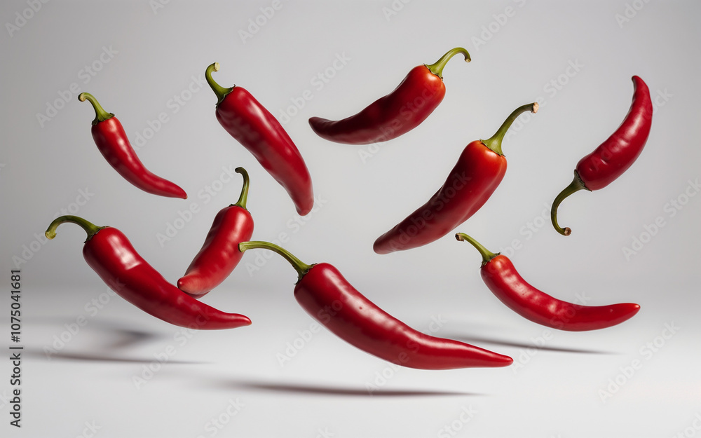 A vibrant collection of red chili peppers in various sizes and shapes, showcasing their glossy, fresh appearance against a plain gray background. Ideal for food blogs, recipes and spice ads A vibrant collection of red chili peppers in various sizes and shapes, showcasing their glossy, fresh appearance against a plain gray background. Ideal for food blogs, recipes and spice ads