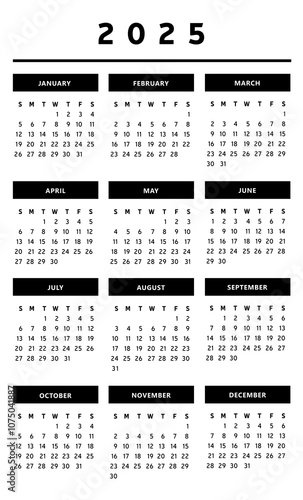 Calendrier 2025 en Anglais - Couleurs Noir et Blanc -Format 4 Trimestres