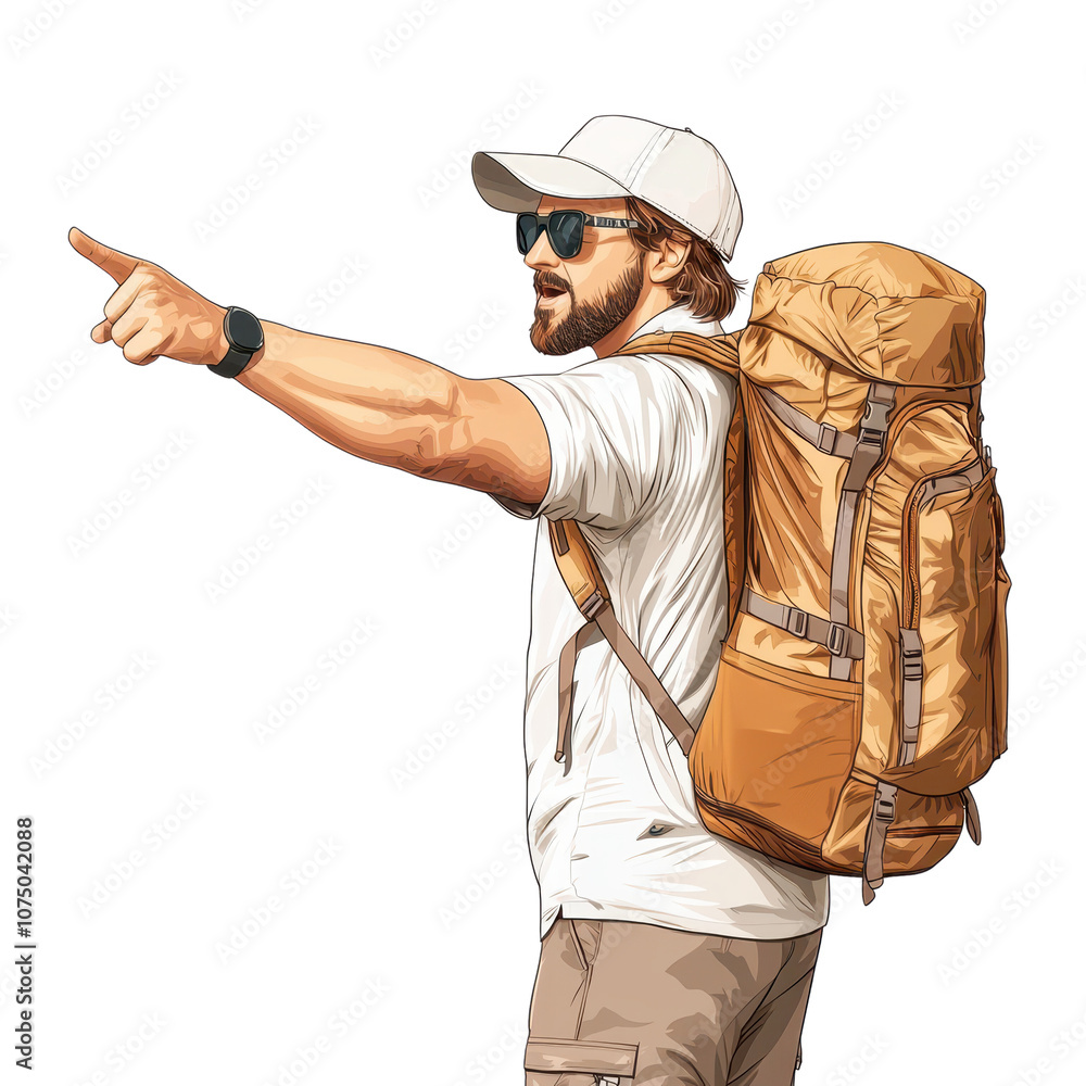 A man with a backpack pointing forward, showcasing adventure and exploration spirit. A man with a backpack pointing forward, showcasing adventure and exploration spirit.
