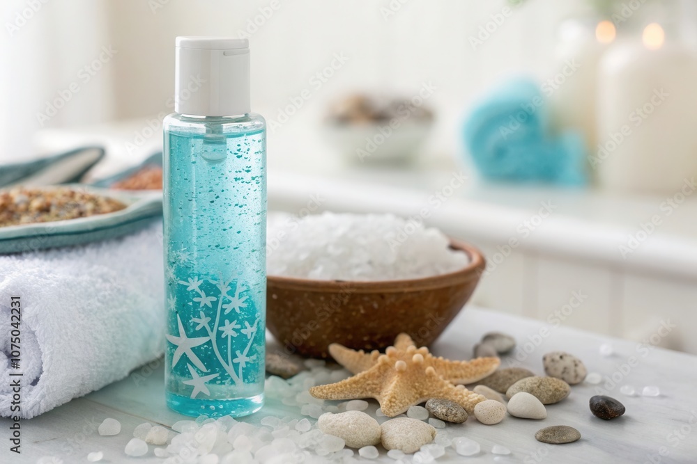 A soothing spa arrangement features a bottle of blue gel beside a bowl of sea salt, decorative stones, and a starfish. Soft towels and candles set the relaxing atmosphere, perfect for self care moment A soothing spa arrangement features a bottle of blue gel beside a bowl of sea salt, decorative stones, and a starfish. Soft towels and candles set the relaxing atmosphere, perfect for self care moment