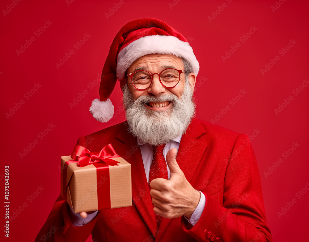 Naklejka premium Cheerful old man Santa Claus holding gift box and raise thumb up on red background.