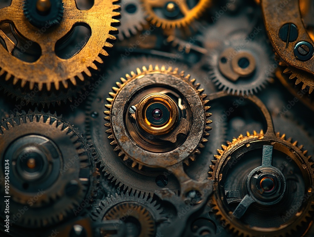 A macro photograph of intricate clock gears and cogs interlocking together. The metallic textures are highlighted in antique gold and bronze tones, showcasing the craftsmanship. A macro photograph of intricate clock gears and cogs interlocking together. The metallic textures are highlighted in antique gold and bronze tones, showcasing the craftsmanship.