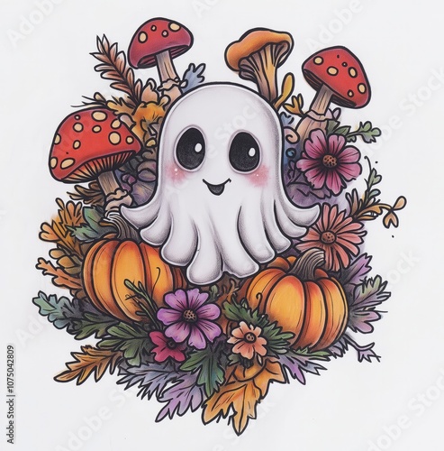 Cute ghost smiling and celebrating autumn with pumpkins, mushrooms, and flowers photo