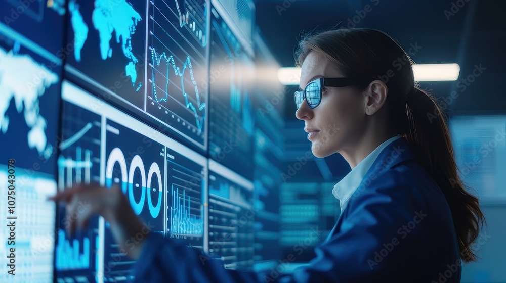 Woman Analyzing Financial Data on Large Digital Display Screens in Dark Office Woman Analyzing Financial Data on Large Digital Display Screens in Dark Office