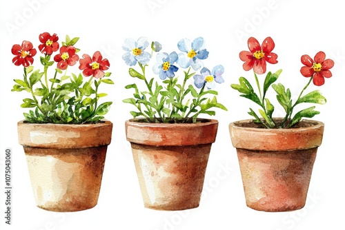 A vibrant watercolor painting of three flower pots featuring red and blue blossoms, perfect for nature lovers and artistic decor.