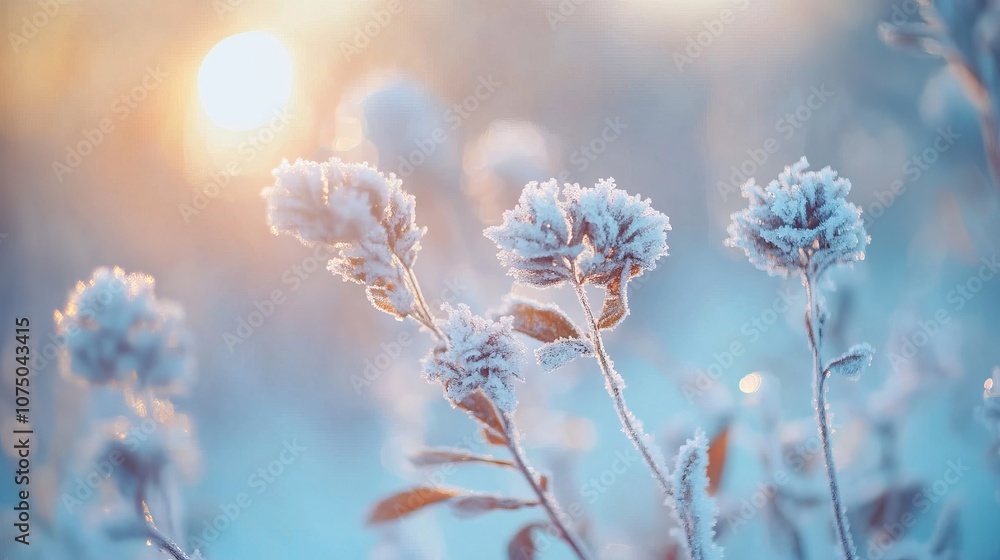 Frozen Flowers in a Beautiful Winter Landscape at Sunrise. AI generated illustration Frozen Flowers in a Beautiful Winter Landscape at Sunrise. AI generated illustration