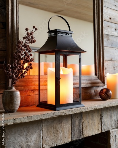 Flameless candle lantern glowing softly on a rustic fireplace mantle photo