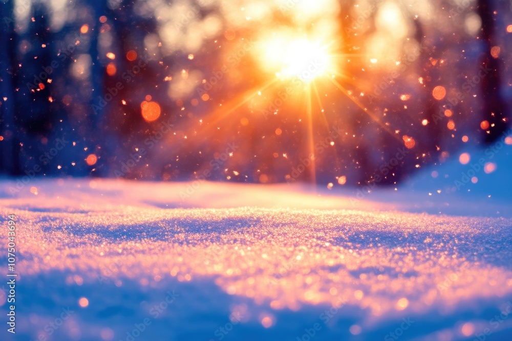 Winter Wonderland with Snowy Ground and Blurred Sunset Winter Wonderland with Snowy Ground and Blurred Sunset