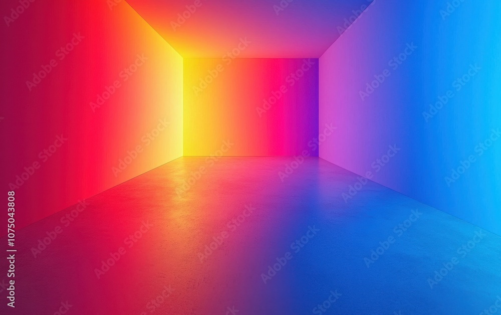 Fototapeta premium A vibrant, abstract interior space with colorful gradient walls, blending warm and cool tones, creating a serene and modern atmosphere.