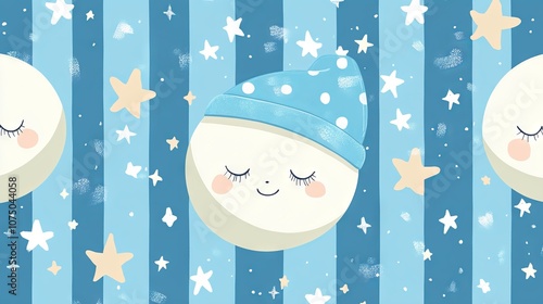 Cute Moon Cartoon with Night Cap and Stars. AI generated illustration photo