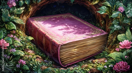 A mystical book surrounded by lush greenery, inviting readers into a world of imagination and fantasy, perfect for storytelling and adventure themes. photo