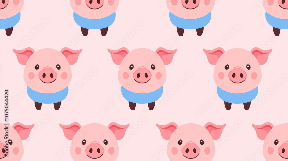Obraz premium Cute cartoon pig pattern with playful designs on a soft pink background, perfect for children's projects, fabric designs, and playful decor.