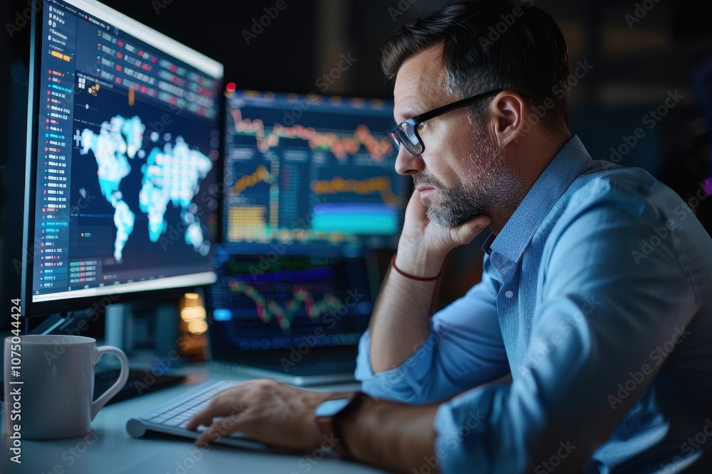 Financial analyst analyzing stock data on multiple monitors showing global financial charts and statistics in a dimly lit office. Financial analyst analyzing stock data on multiple monitors showing global financial charts and statistics in a dimly lit office.