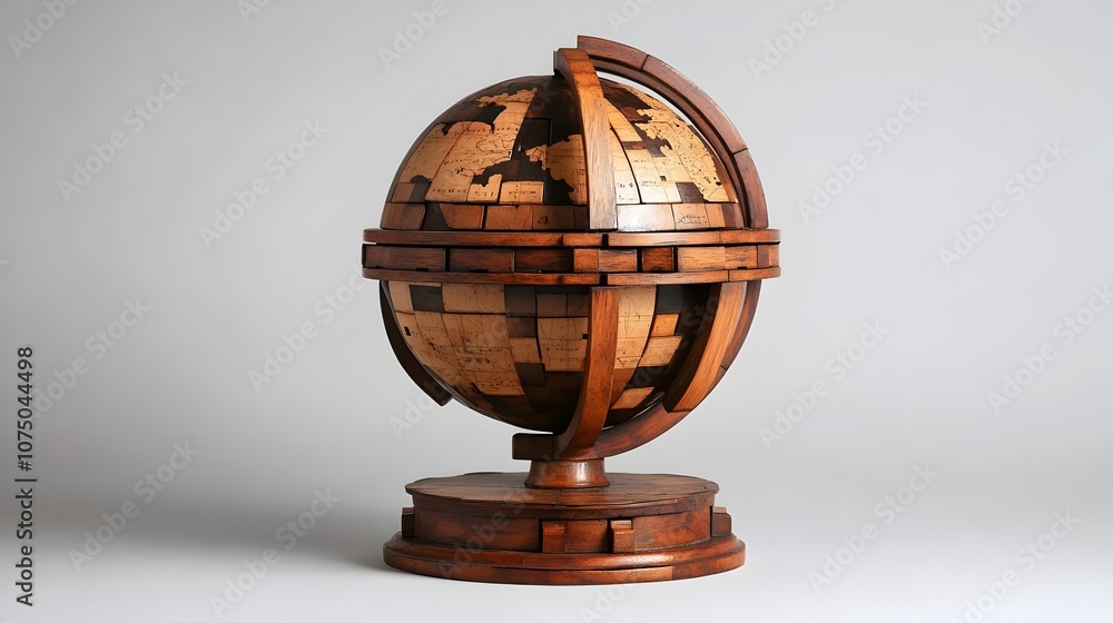 A classic wooden puzzle globe featuring rotating sections, with the upper segment in motion. Wooden Globe. A classic wooden puzzle globe featuring rotating sections, with the upper segment in motion. Wooden Globe.