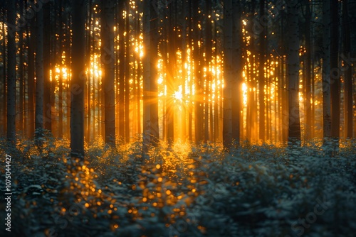 Enchanting Forest Sunset with Golden Light and Mystical Atmosphere