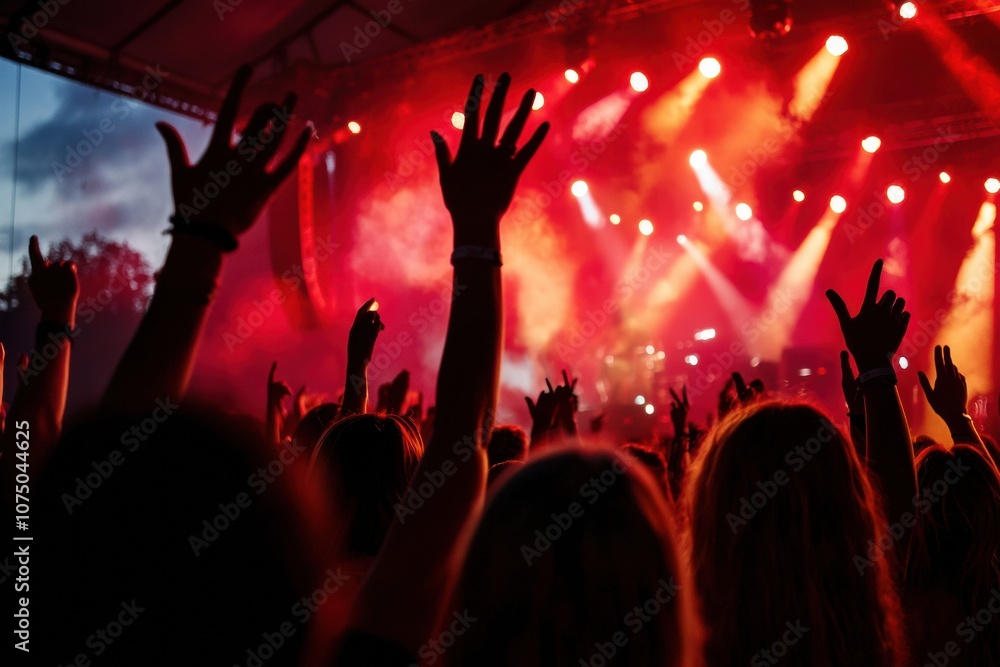 Crowd raising hands at outdoor music festival with red stage lights Crowd raising hands at outdoor music festival with red stage lights