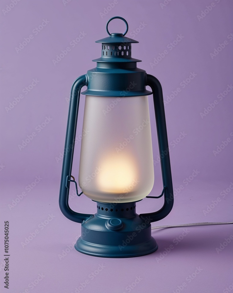 Frosted glass lantern with dim light on a plain lavender background Frosted glass lantern with dim light on a plain lavender background