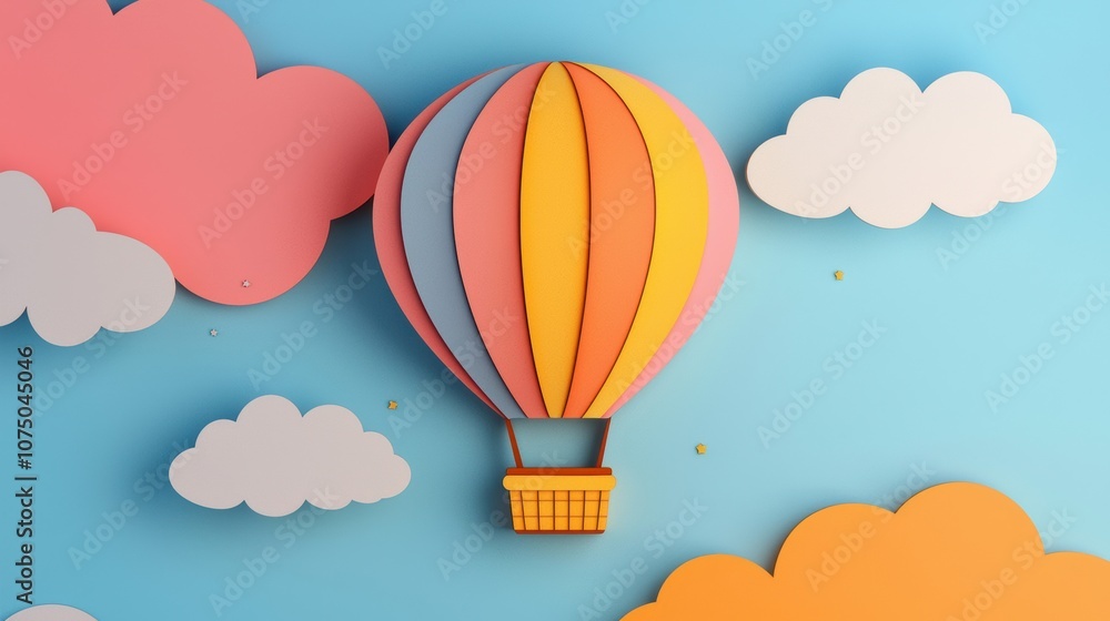 Obraz premium Colorful paper hot air balloon decoration against a pastel sky, creating a whimsical and cheerful atmosphere perfect for children's themes.