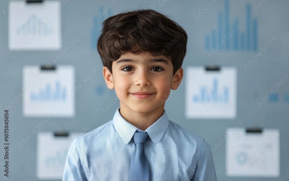 A confident young boy in a business shirt and tie smiles in front of a blue graph background, representing youth in finance or education. A confident young boy in a business shirt and tie smiles in front of a blue graph background, representing youth in finance or education.
