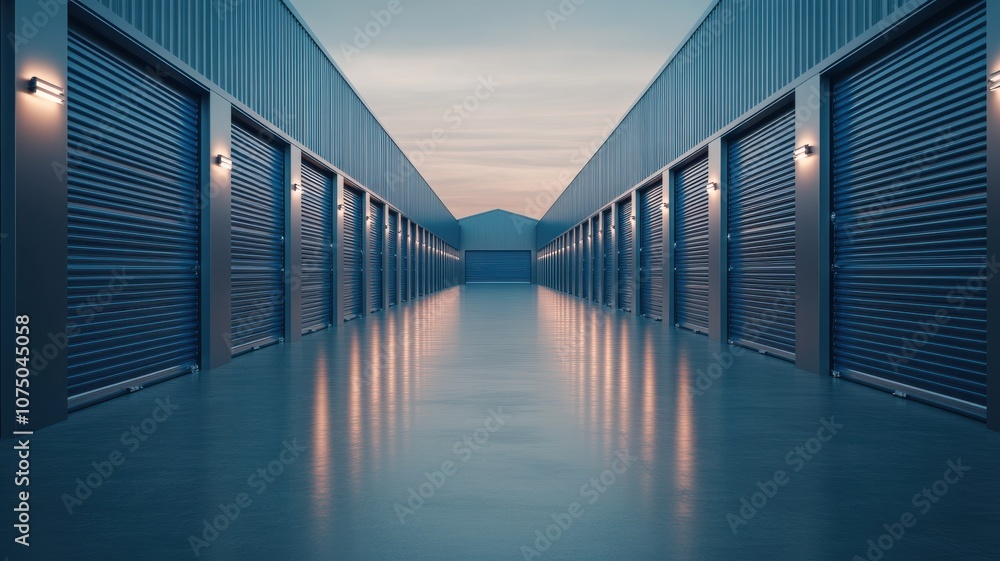 A modern storage facility with rows of steel doors at dusk. A modern storage facility with rows of steel doors at dusk.