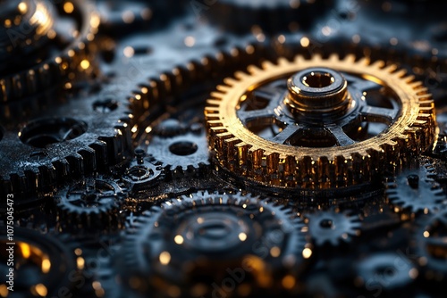 A macro photograph of intricate clock gears and cogs interlocking together. The metallic textures are highlighted in antique gold and bronze tones, showcasing the craftsmanship.