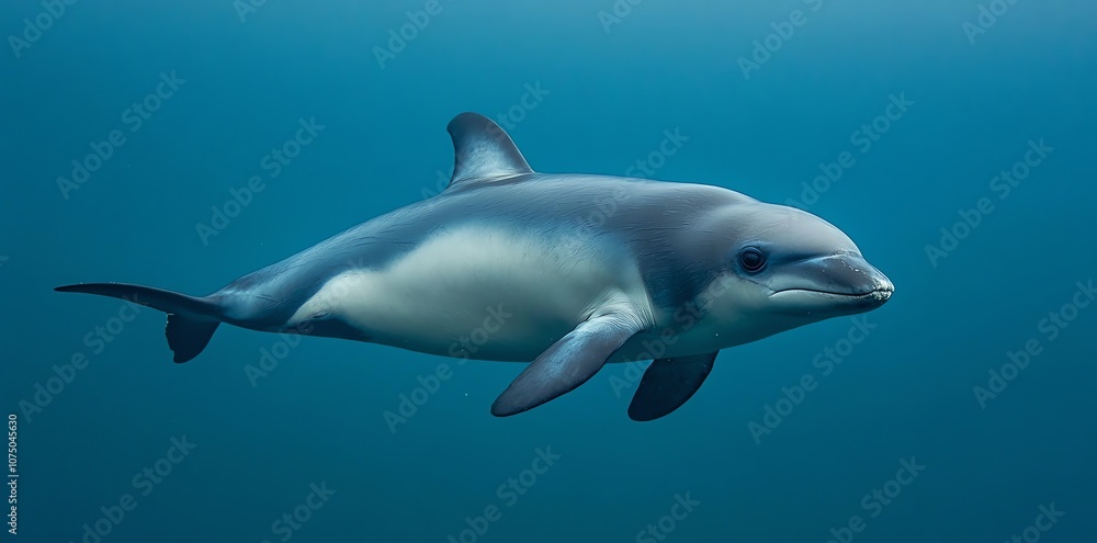 A single, gray and white dolphin swims through the clear, blue water. A single, gray and white dolphin swims through the clear, blue water.