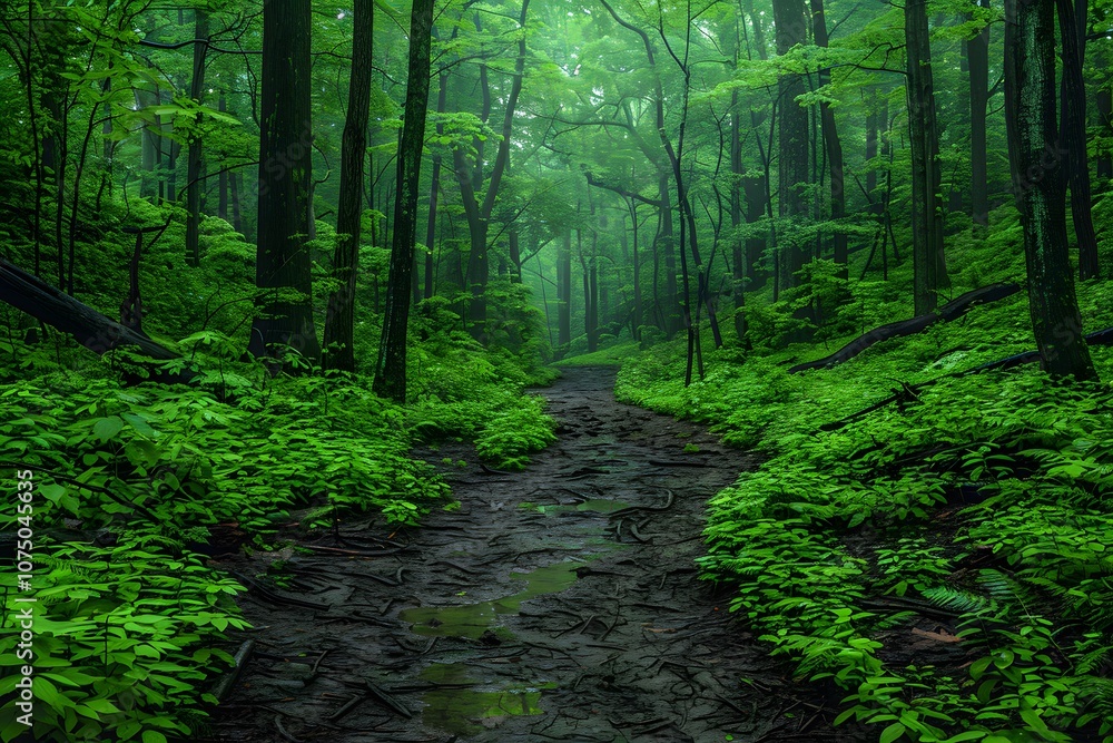 Obraz premium Serene Forest Pathway Amidst Lush Greenery for Nature Posters and Calming Designs