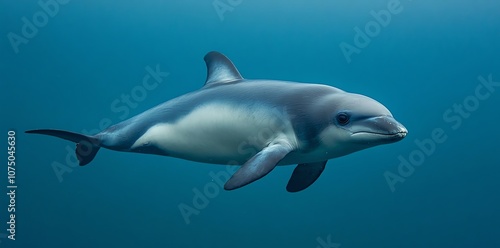 A single, gray and white dolphin swims through the clear, blue water.