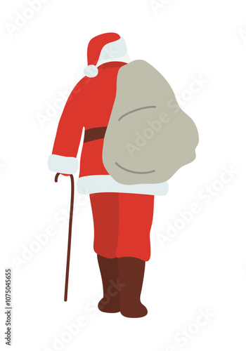 Back Side Illustration of Santa in Red With Gift Bag Vintage Flat Style Isolated on White Background. Vector illustration