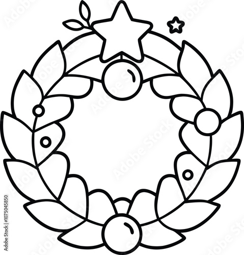 hand drawn christmas wreath, line art Christmas wreath vector