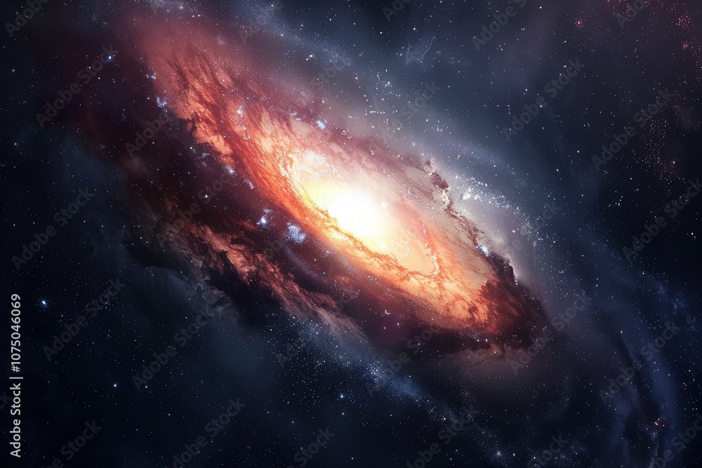 Fototapeta premium A Bright, Orange-Hued Spiral Galaxy Against a Black Starry Sky