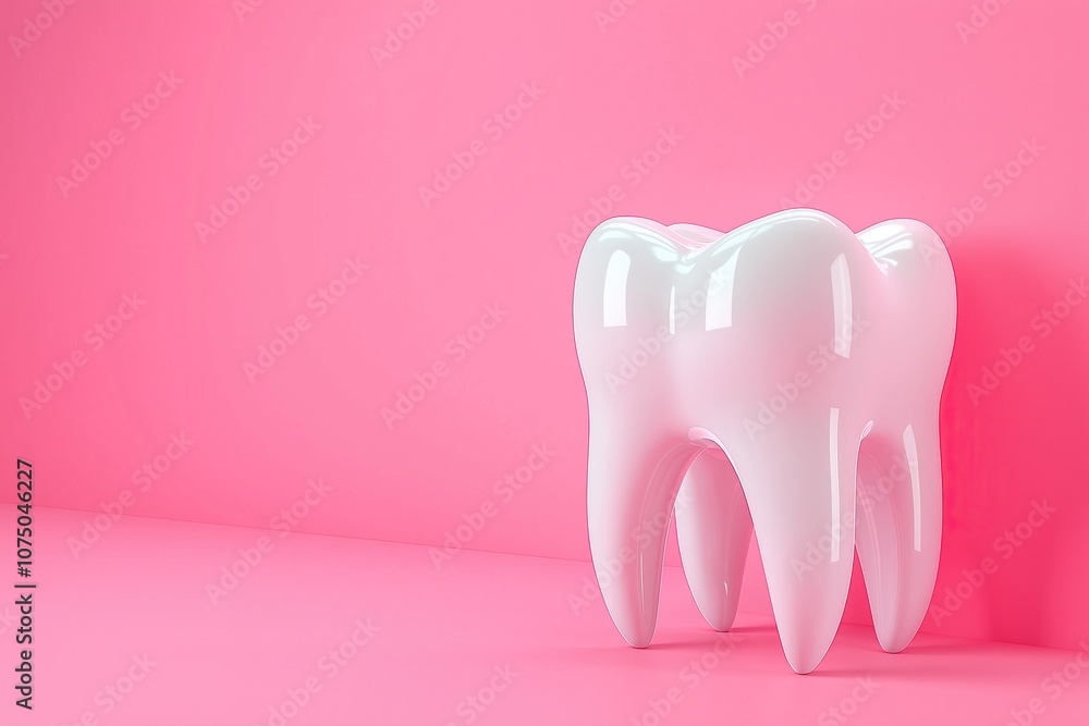 A shiny white tooth sculpture against a vibrant pink background A shiny white tooth sculpture against a vibrant pink background