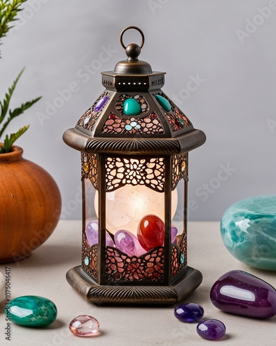 Gemstone lantern with semi precious stones and LED light inside photo